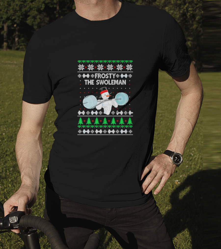 Frosty The Swoleman Snowman Lifting Weights Ugly Christmas T-Shirt