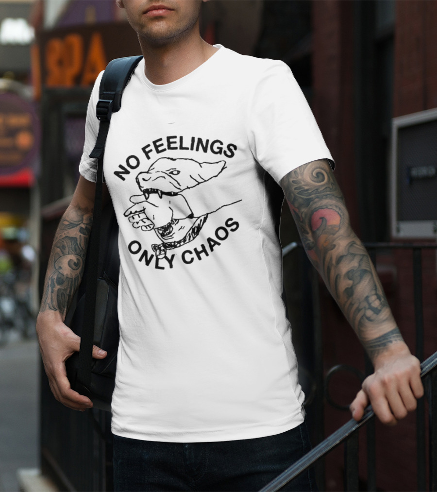 No Feelings Only Chaos Hand-Biting Shark Drawing T-Shirt