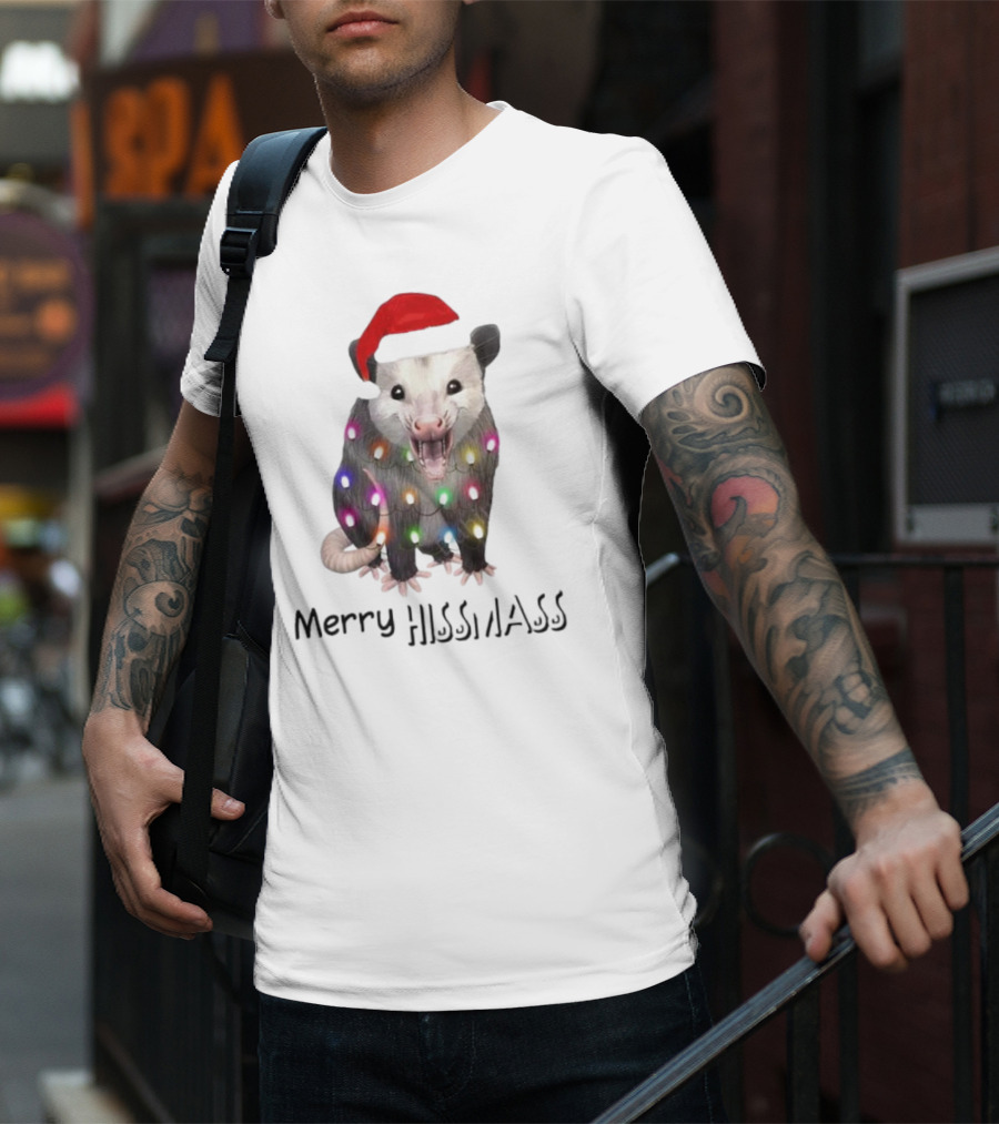 Merry Hissmas Opossum Santa Hat Christmas Lights T-Shirt