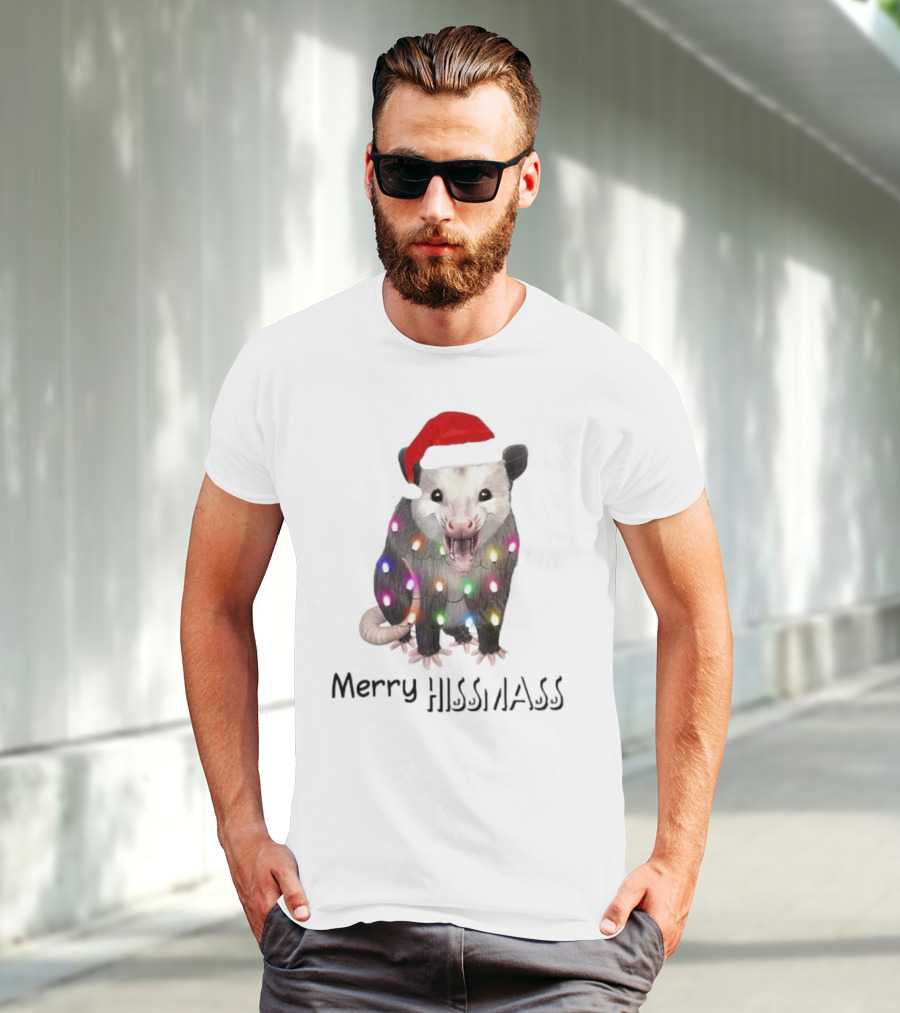 Merry Hissmas Opossum Santa Hat Christmas Lights T-Shirt