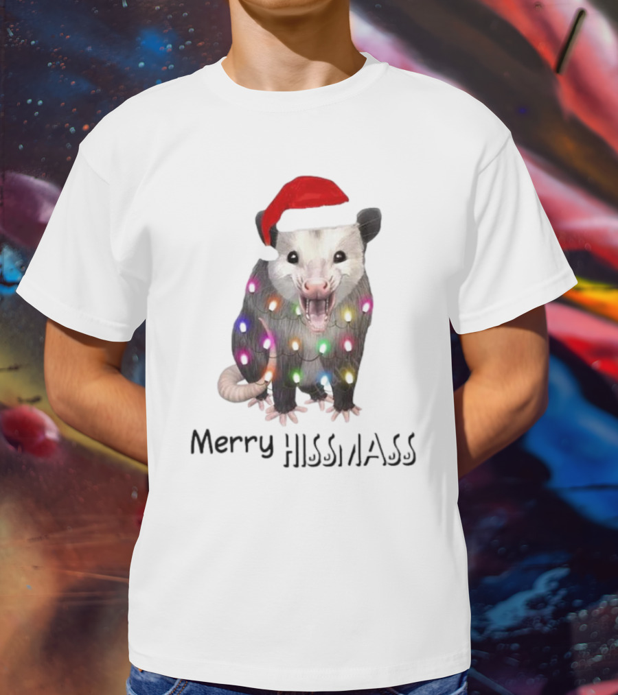 Merry Hissmas Opossum Santa Hat Christmas Lights T-Shirt