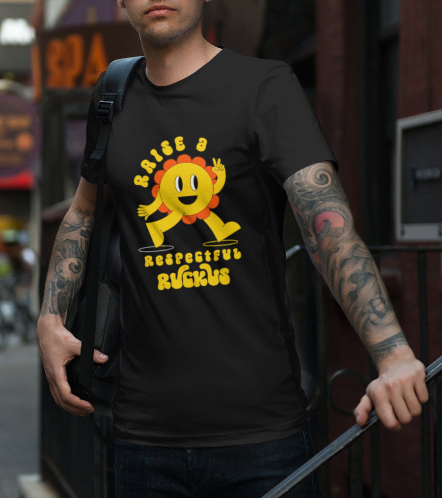 RAISE A RESPECTFUL RUCKUS CHARACTER WALKING WITH PEACE SIGN YELLOW AND ORANGE T-Shirt