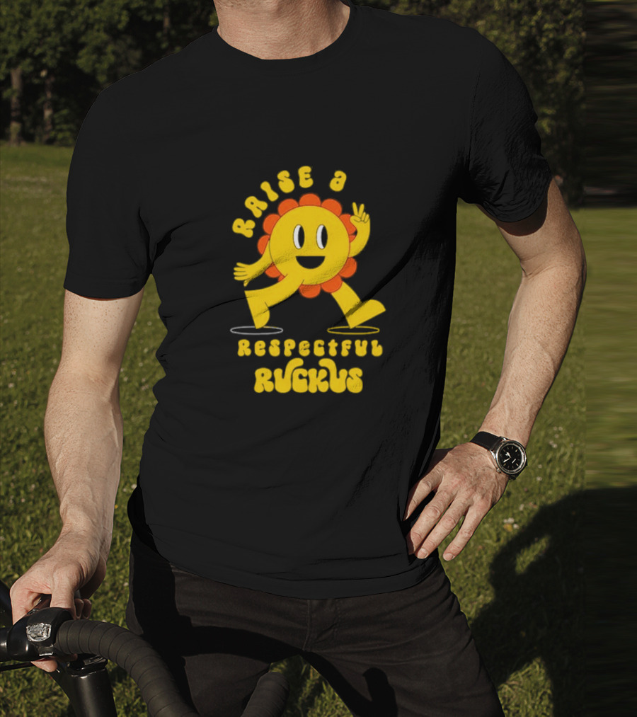 RAISE A RESPECTFUL RUCKUS CHARACTER WALKING WITH PEACE SIGN YELLOW AND ORANGE T-Shirt