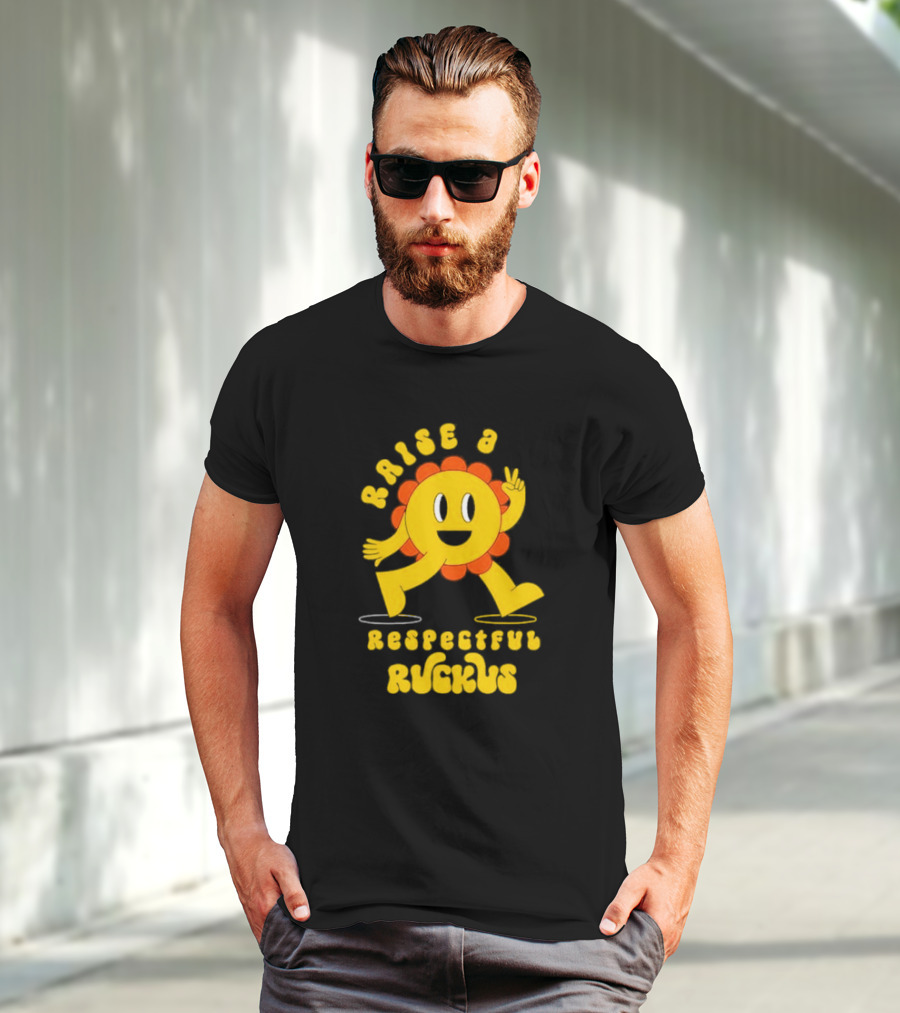 RAISE A RESPECTFUL RUCKUS CHARACTER WALKING WITH PEACE SIGN YELLOW AND ORANGE T-Shirt