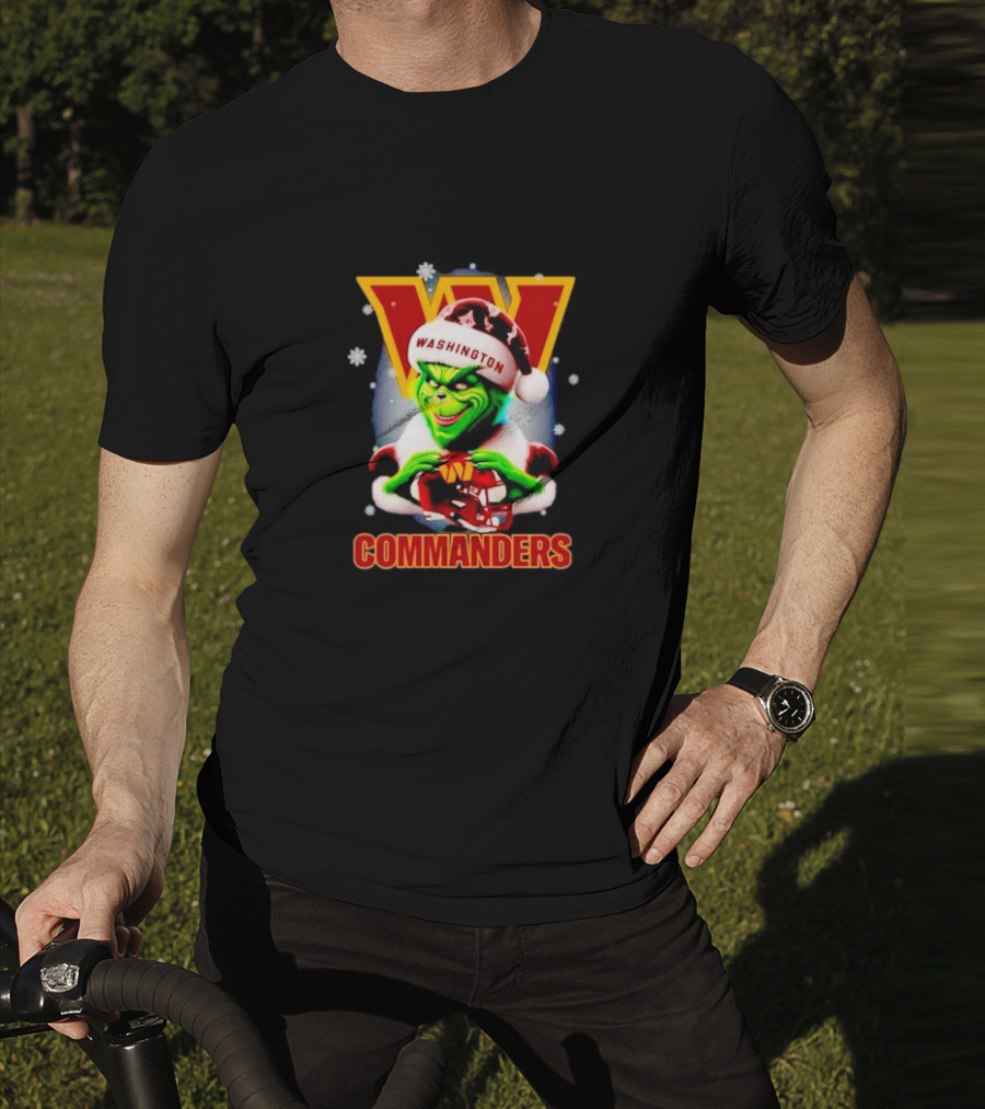 The Grinch Wearing Santa Hat Holding Gift For Washington Commanders Christmas T-Shirt