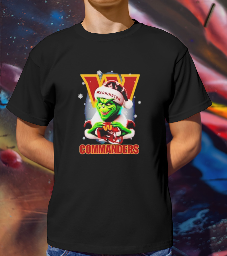 The Grinch Wearing Santa Hat Holding Gift For Washington Commanders Christmas T-Shirt