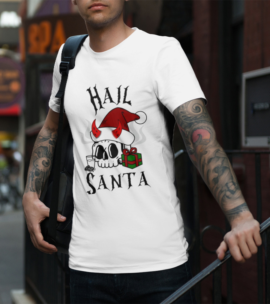 Hail Santa Skull With Devilish Santa Hat And Christmas Present T-Shirt