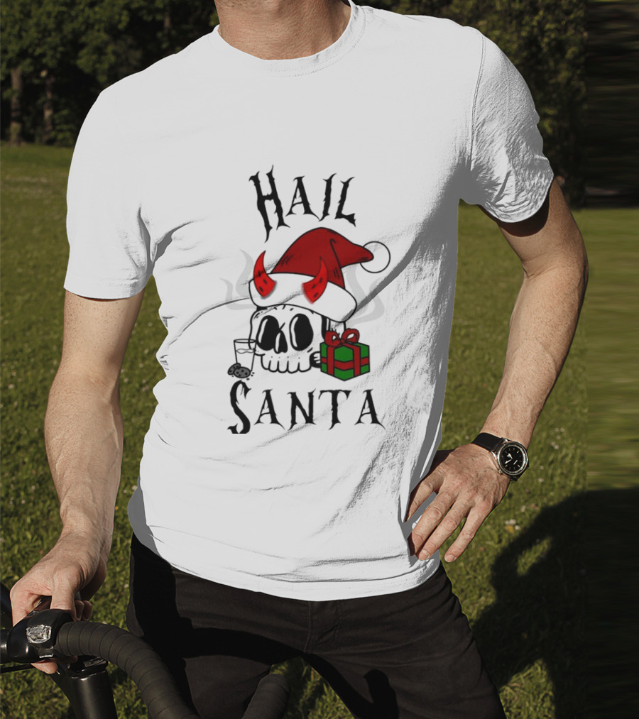 Hail Santa Skull With Devilish Santa Hat And Christmas Present T-Shirt
