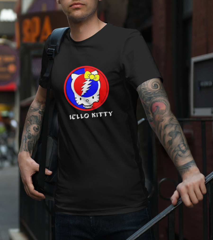 Hello Kitty Grateful Dead Skull Icon With Lightning Bolt And Yellow Bow T-Shirt