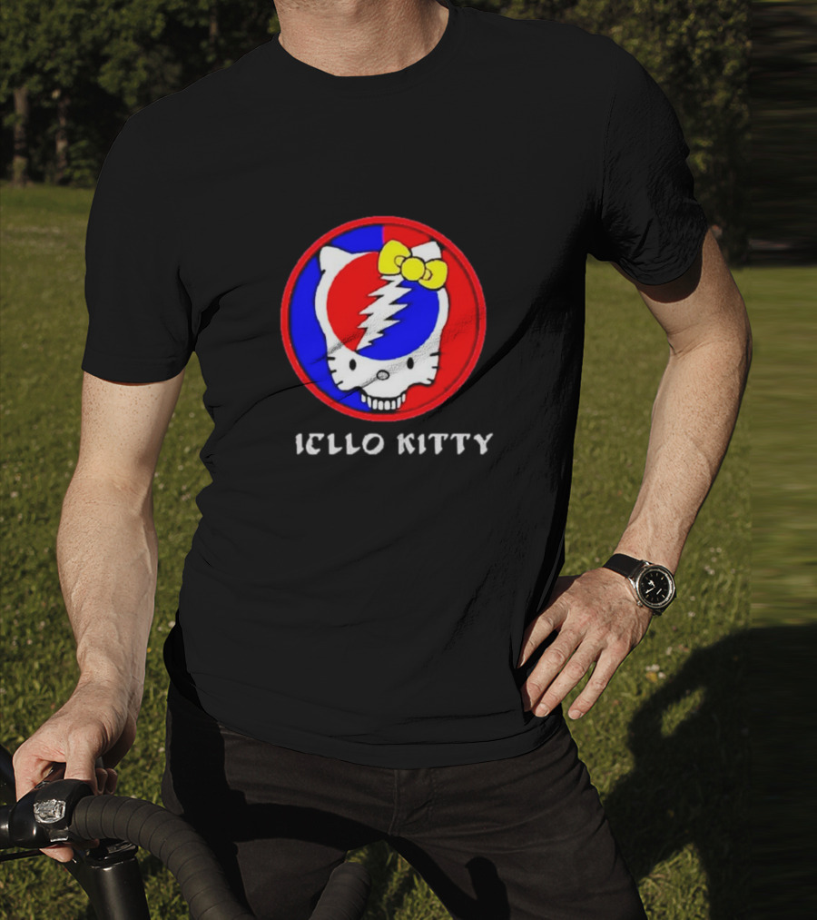Hello Kitty Grateful Dead Skull Icon With Lightning Bolt And Yellow Bow T-Shirt