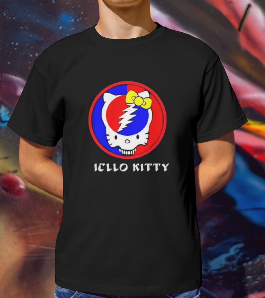 Hello Kitty Grateful Dead Skull Icon With Lightning Bolt And Yellow Bow T-Shirt