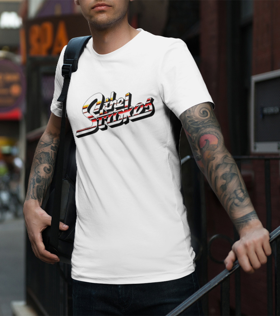 The Strokes Striped Text With Red And Yellow Accents T-Shirt