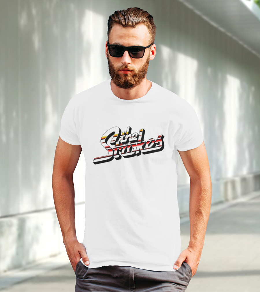 The Strokes Striped Text With Red And Yellow Accents T-Shirt