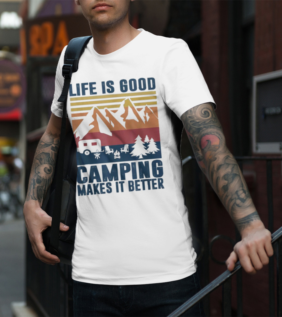 Life Is Good Camping Makes It Better Vintage Mountains Camper Landscape T-Shirt