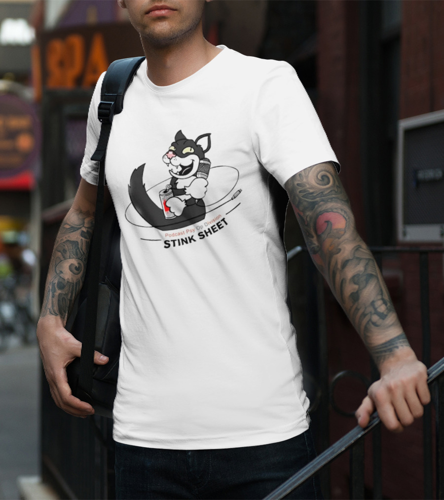 Podcast Psy Op Division Stink Sheet Mischievous Cartoon Cat With Microphone And Spray Can T-Shirt