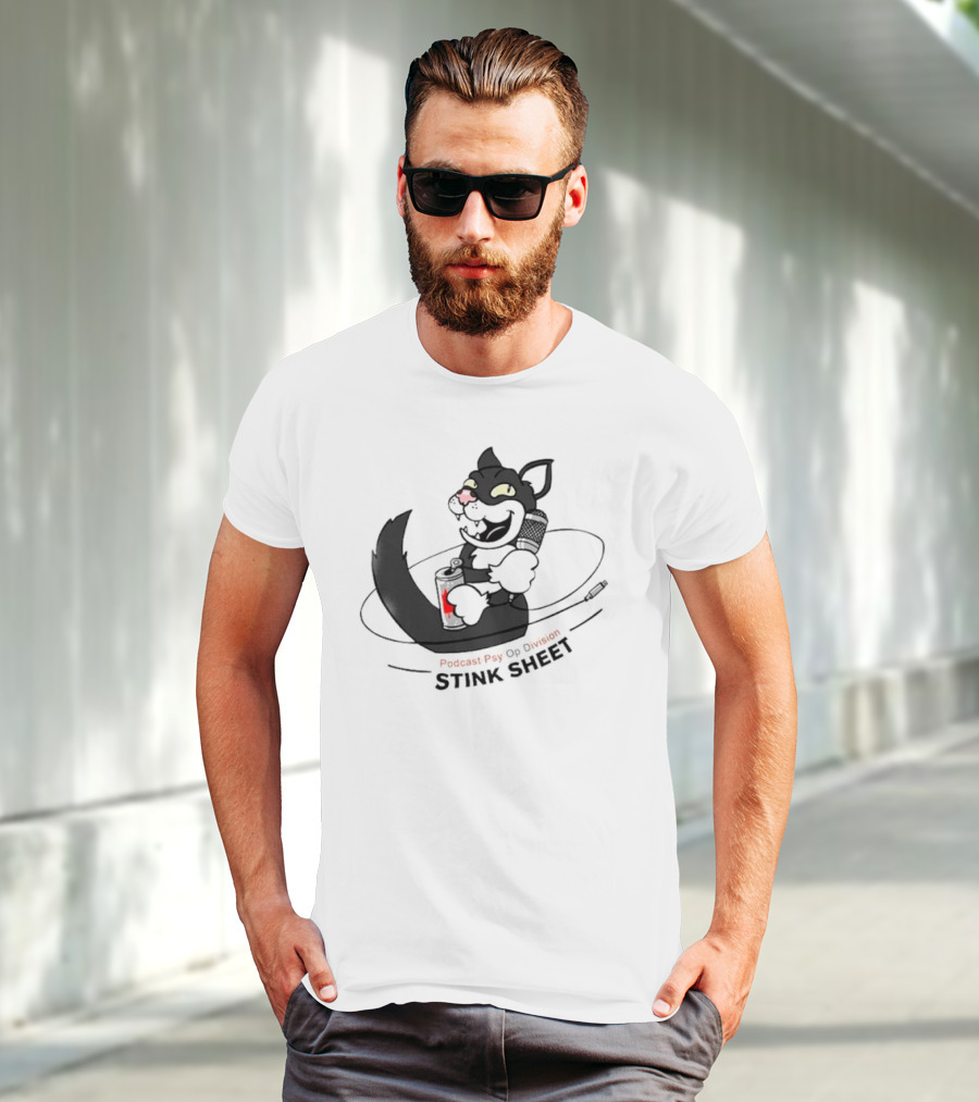 Podcast Psy Op Division Stink Sheet Mischievous Cartoon Cat With Microphone And Spray Can T-Shirt
