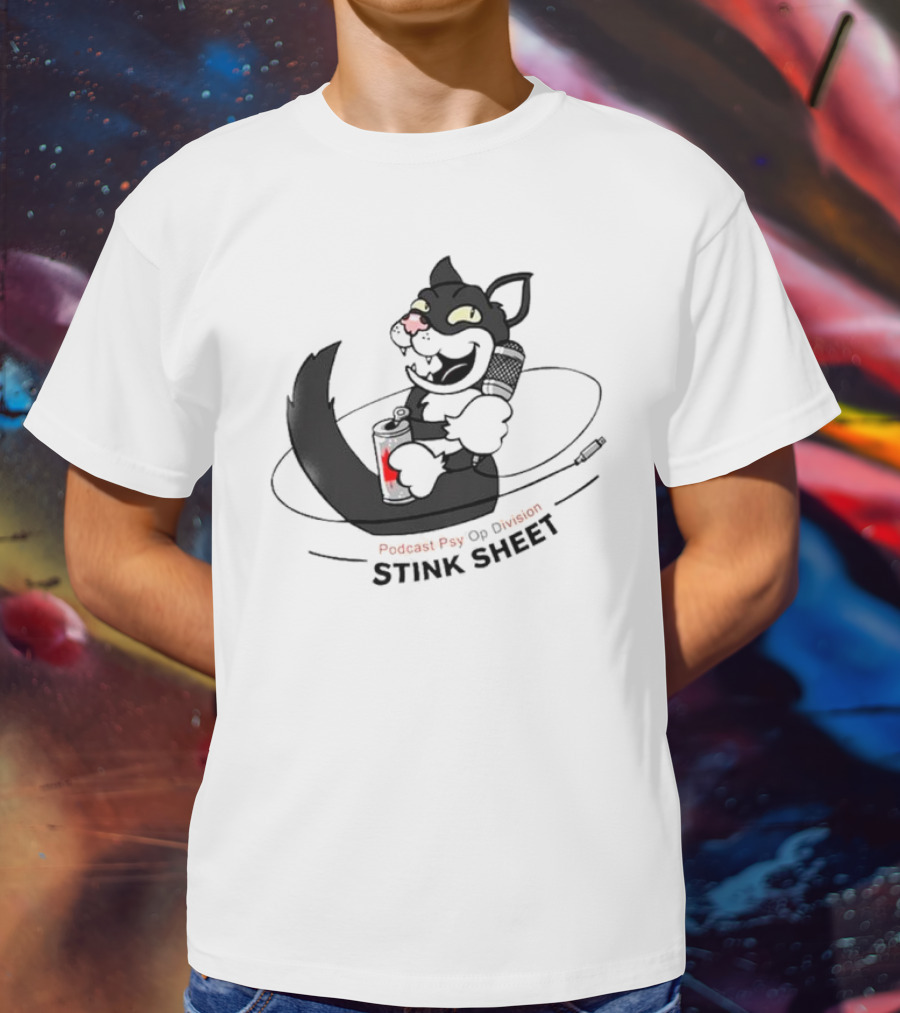 Podcast Psy Op Division Stink Sheet Mischievous Cartoon Cat With Microphone And Spray Can T-Shirt