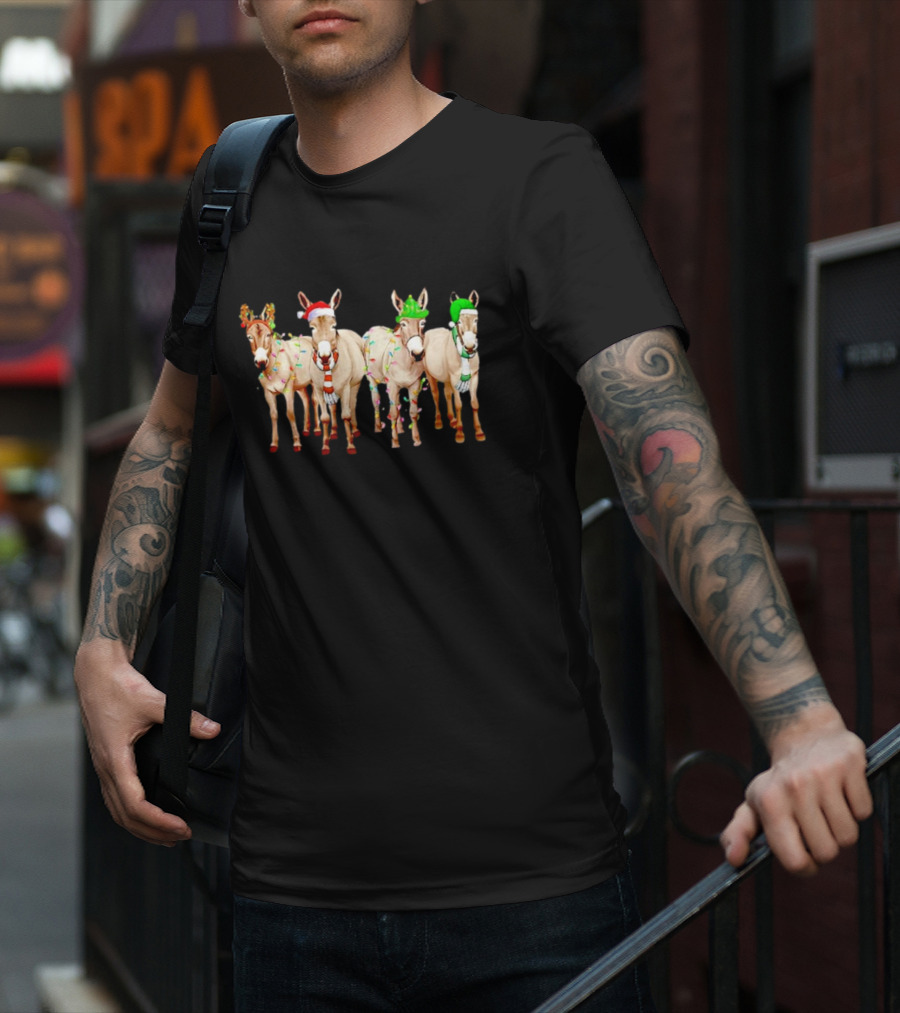 Merry Christmas Donkey Festive Holiday Lights With Reindeer Antlers And Santa Hats T-Shirt