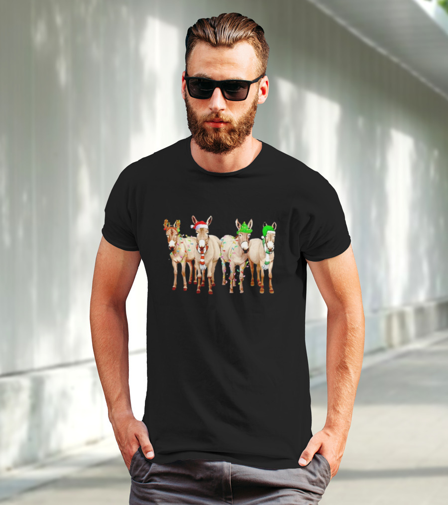 Merry Christmas Donkey Festive Holiday Lights With Reindeer Antlers And Santa Hats T-Shirt