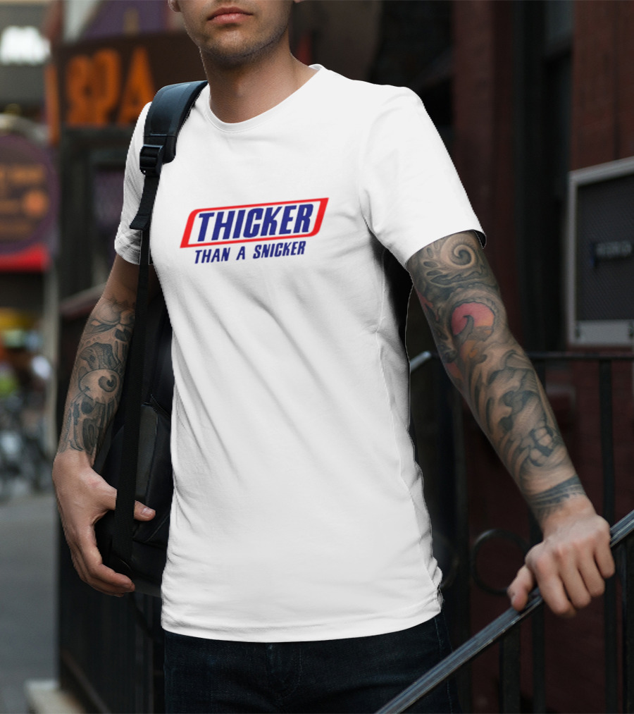 THICKER THAN A SNICKER Red And Blue Bold Diagonal Text T-Shirt