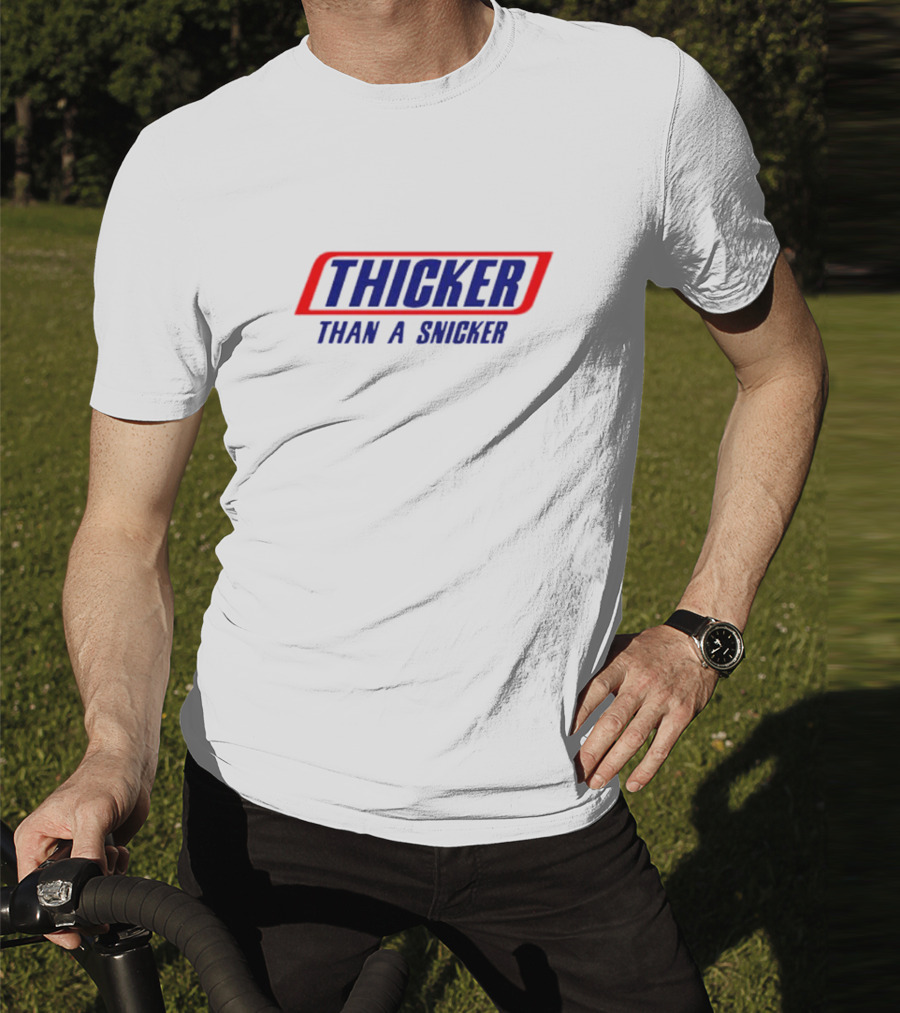 THICKER THAN A SNICKER Red And Blue Bold Diagonal Text T-Shirt