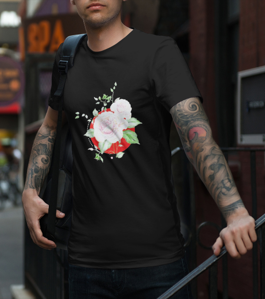 5Yr Kintsugi Rose Floral Design On Red Circle Background T-Shirt