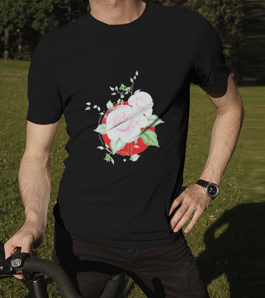 5Yr Kintsugi Rose Floral Design On Red Circle Background T-Shirt