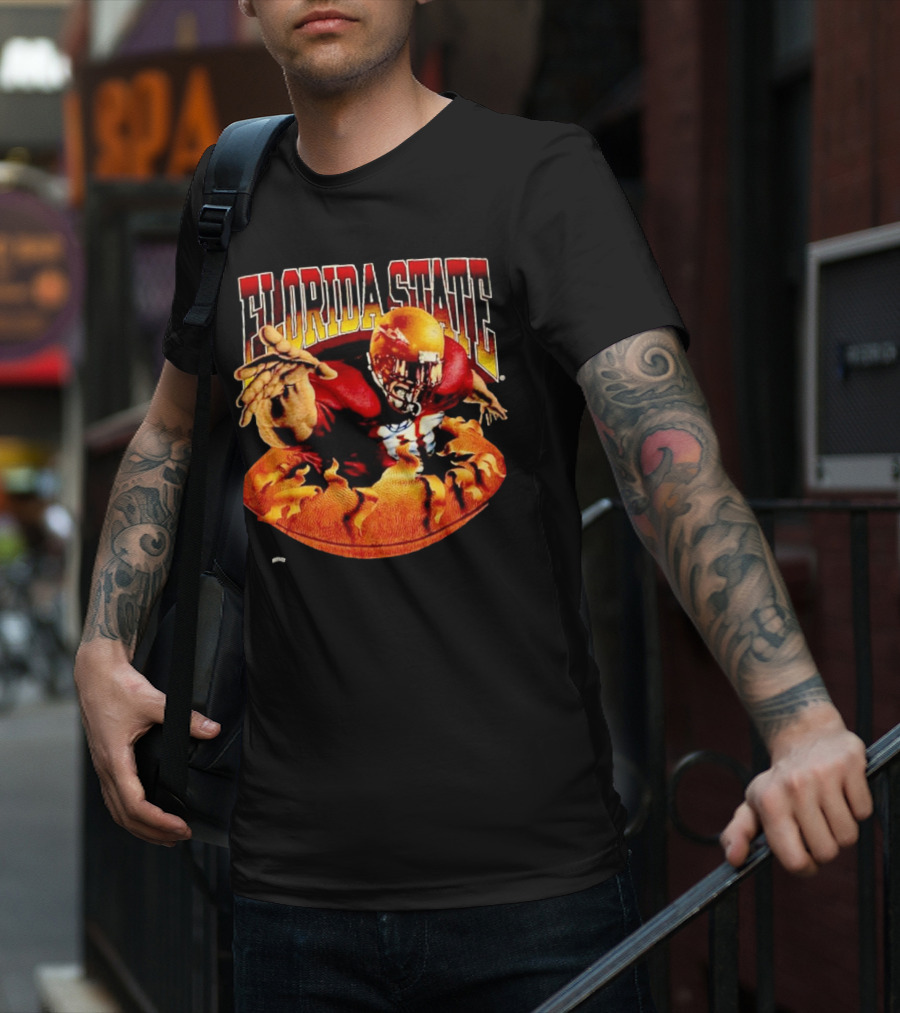 Florida State Seminoles FSU Football Player Emerging From Flames Two Sided Nutmeg T-Shirt