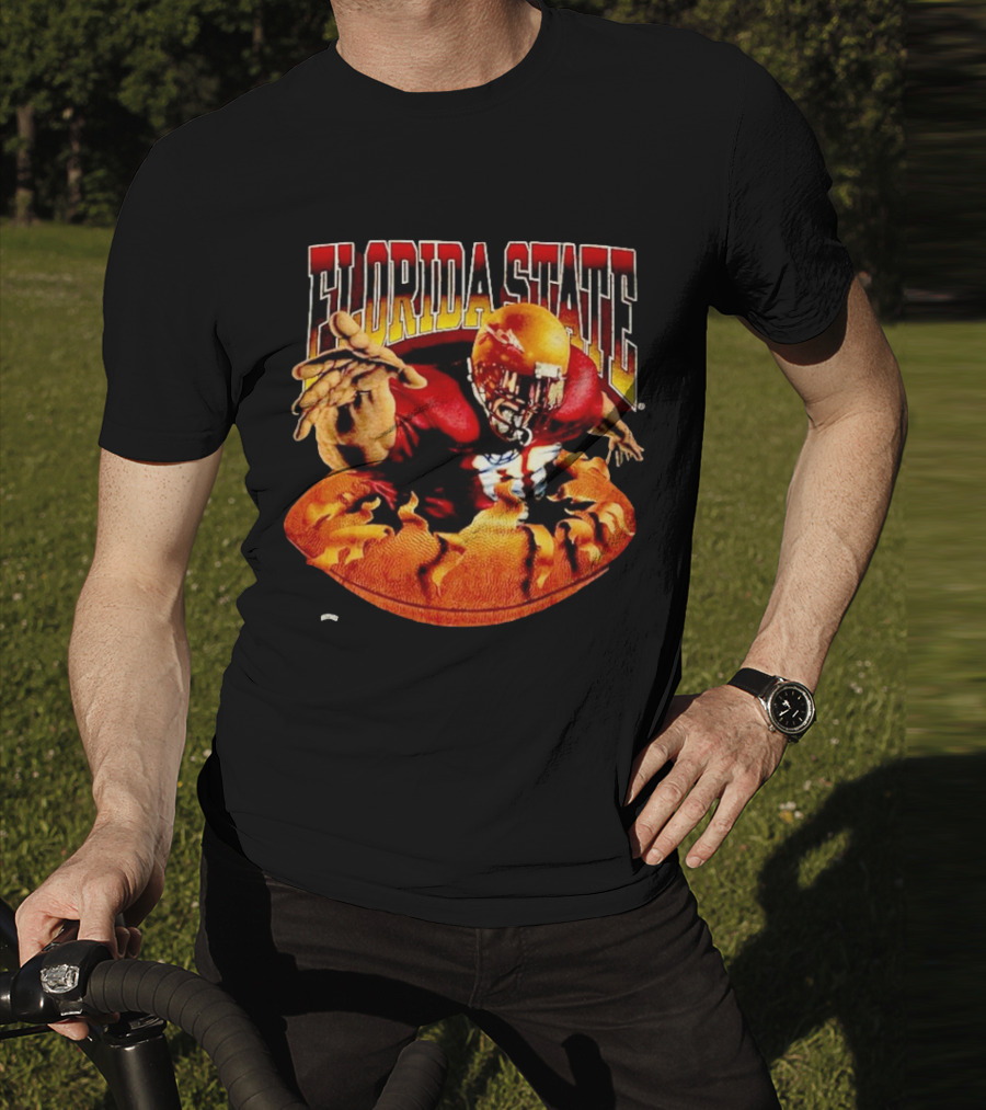 Florida State Seminoles FSU Football Player Emerging From Flames Two Sided Nutmeg T-Shirt