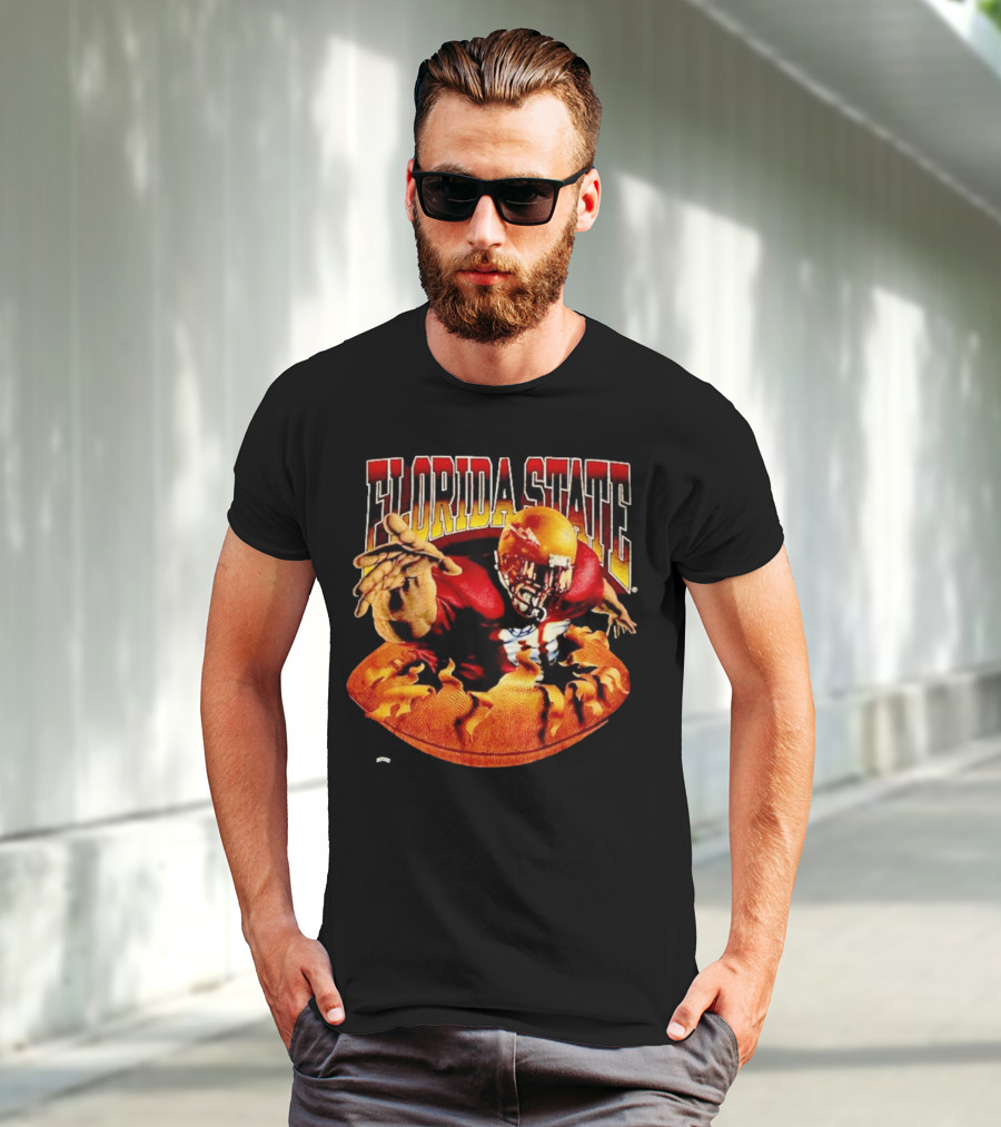 Florida State Seminoles FSU Football Player Emerging From Flames Two Sided Nutmeg T-Shirt
