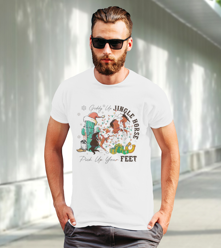 Giddy Up Jingle Horse Pick Up Your Feet Cactus With Santa Hat And Gifts T-Shirt