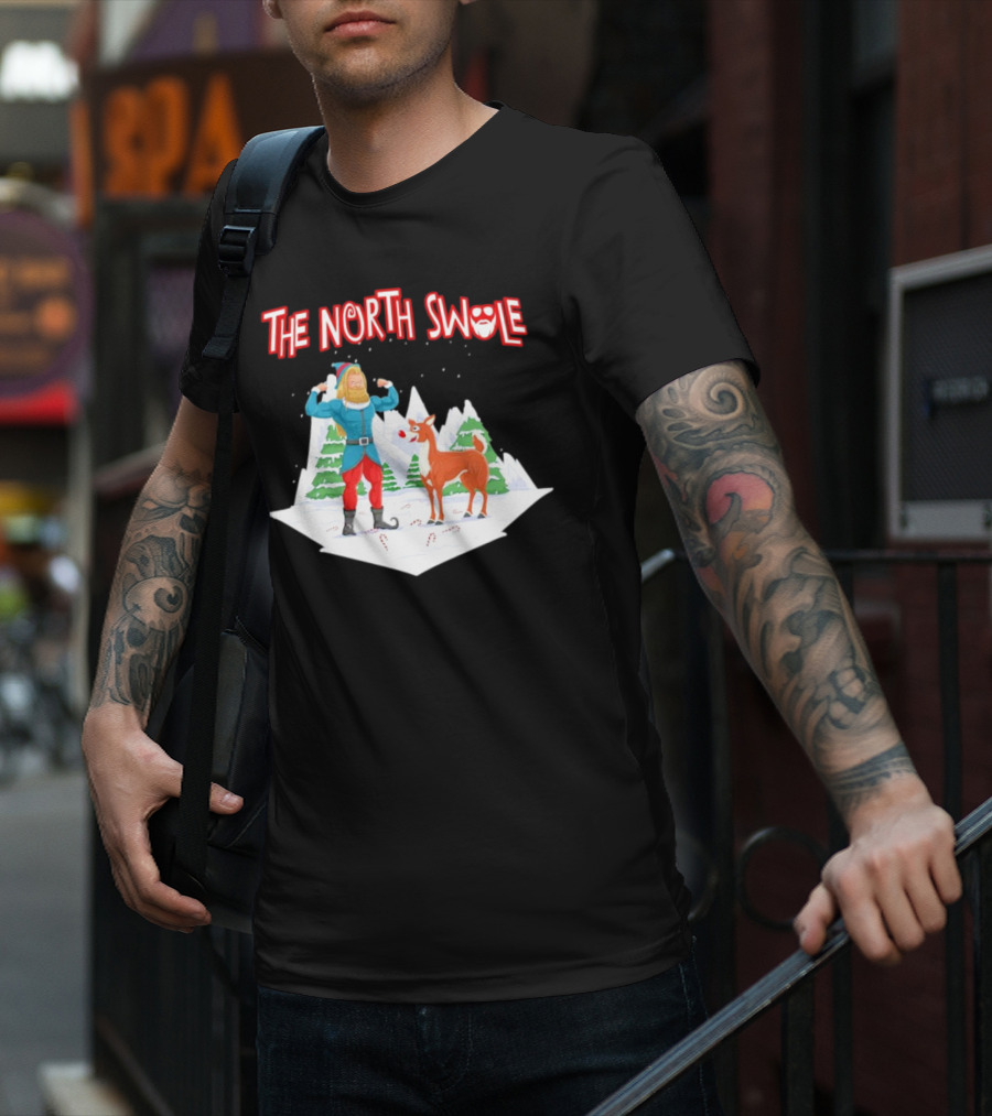 Papa Swolio Elf With Reindeer In The North Swole Winter Scene T-Shirt