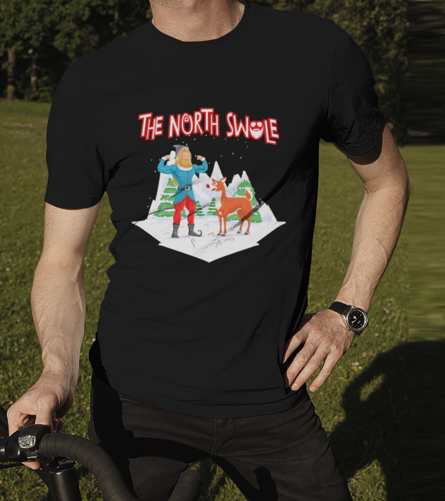 Papa Swolio Elf With Reindeer In The North Swole Winter Scene T-Shirt