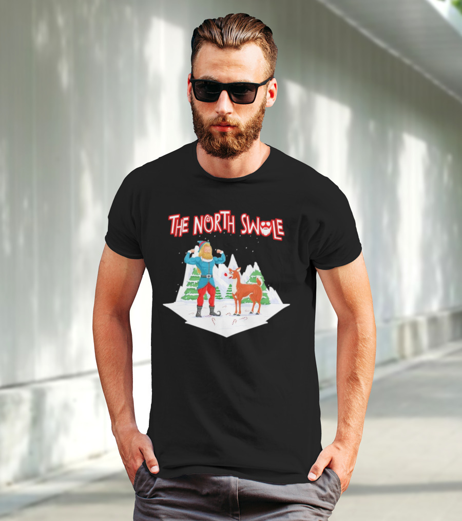 Papa Swolio Elf With Reindeer In The North Swole Winter Scene T-Shirt