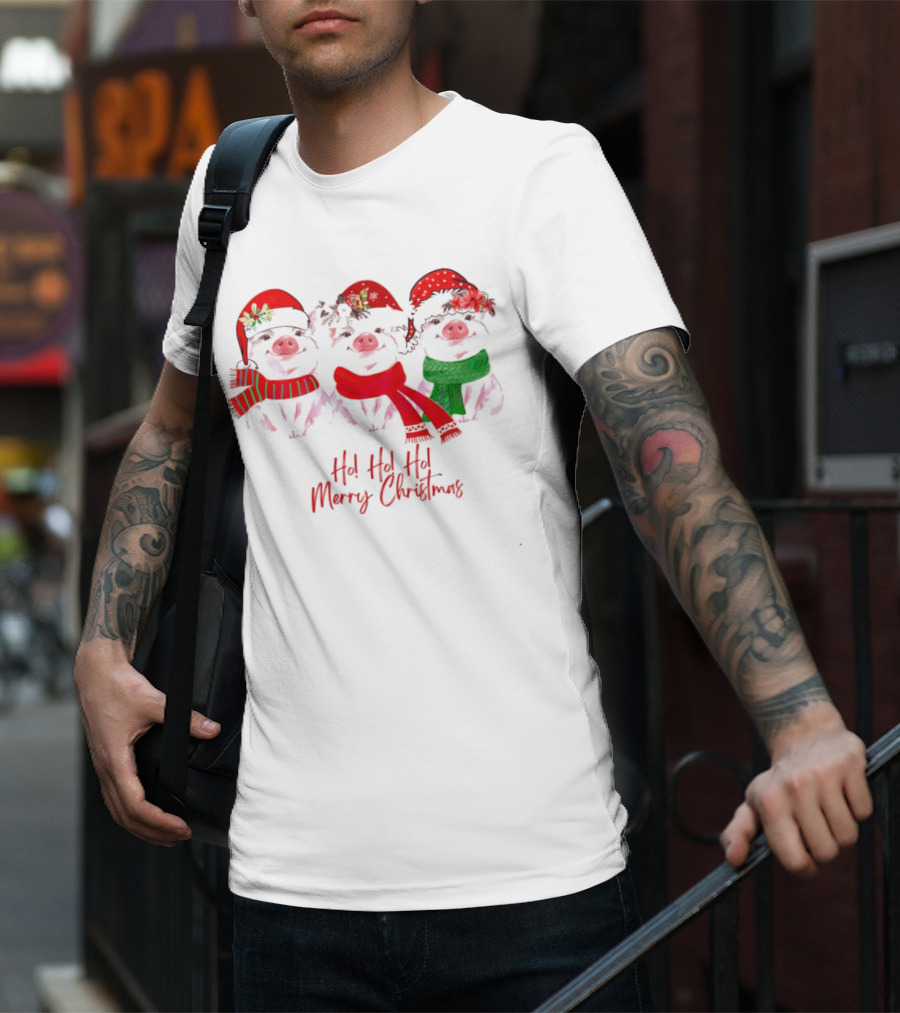 Ho Ho Ho Merry Christmas Pig Trio Santa Hat T-Shirt