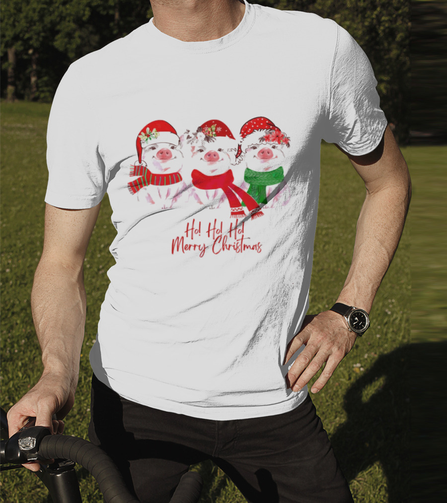 Ho Ho Ho Merry Christmas Pig Trio Santa Hat T-Shirt