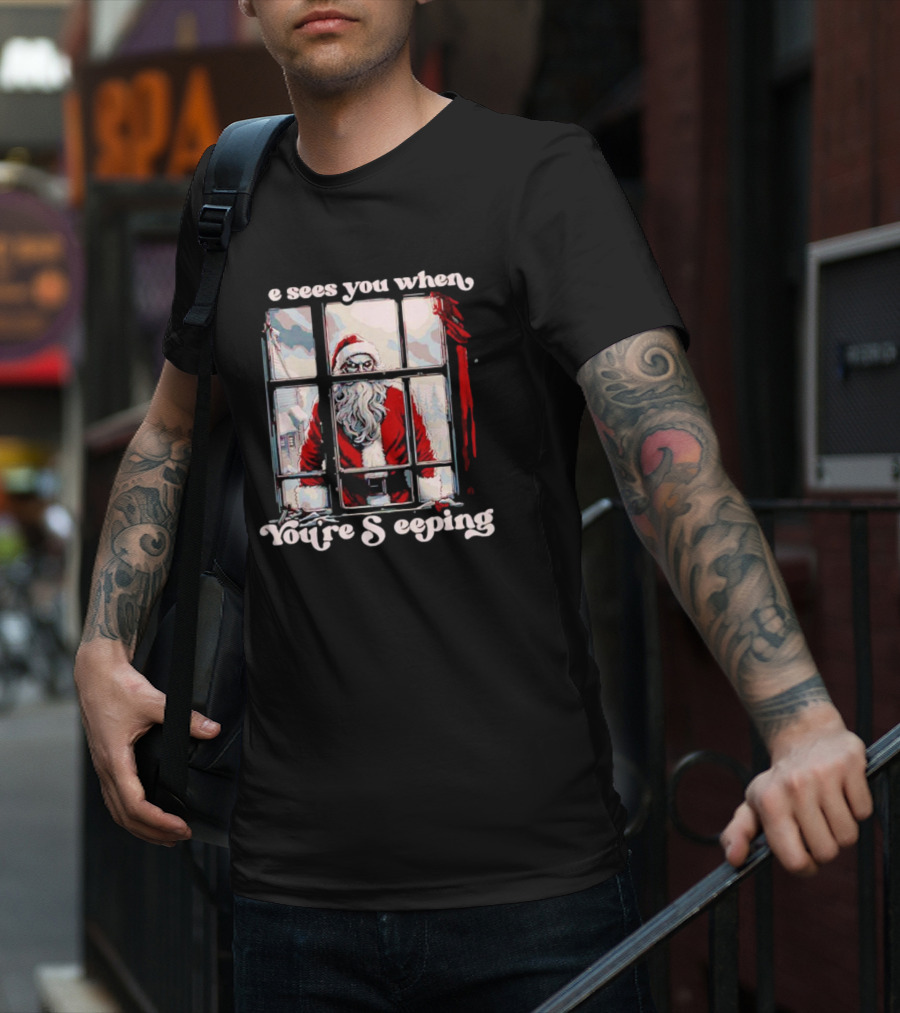 He Sees You When You're Sleeping Santa Horror Window Scene T-Shirt