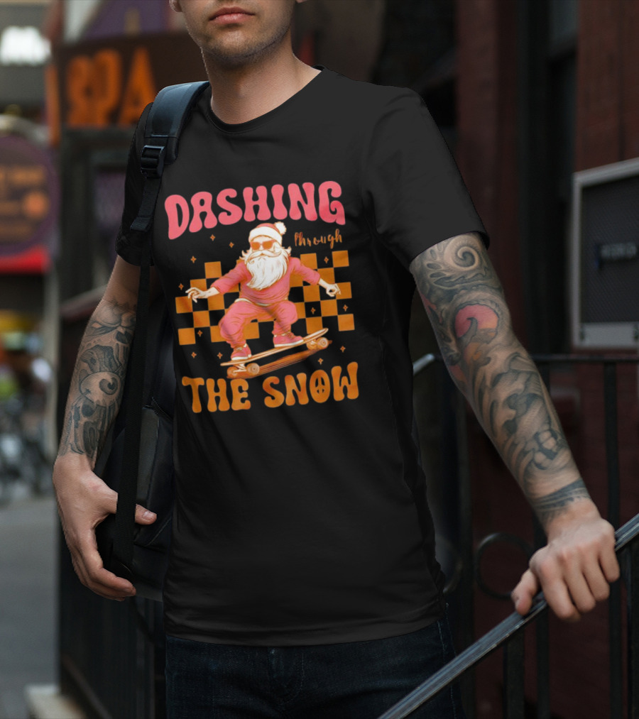 Dashing Through The Snow Santa Skateboard Christmas T-Shirt