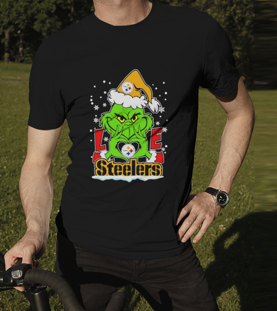 The Grinch Santa Hat Love Pittsburgh Steelers Logo Snowflakes T-Shirt