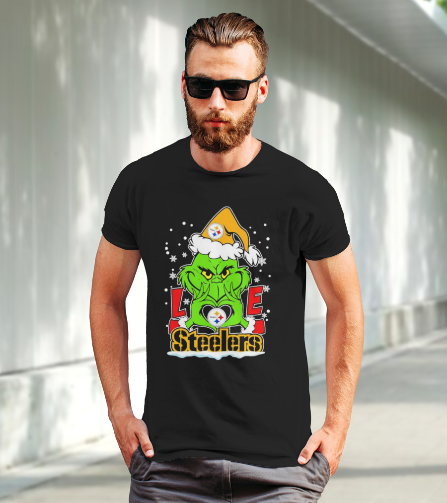 The Grinch Santa Hat Love Pittsburgh Steelers Logo Snowflakes T-Shirt