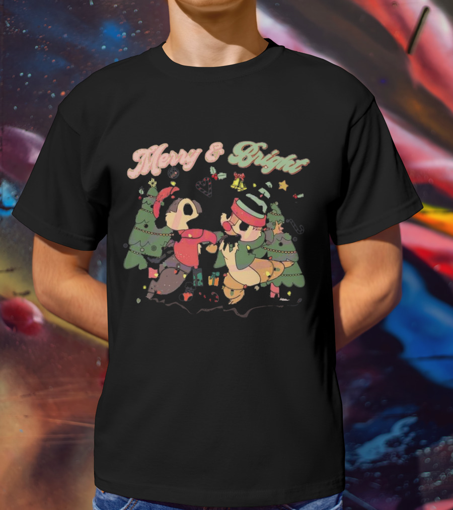 Chip And Dale Merry And Bright Christmas With Festive Trees And Holiday Cheer T-Shirt