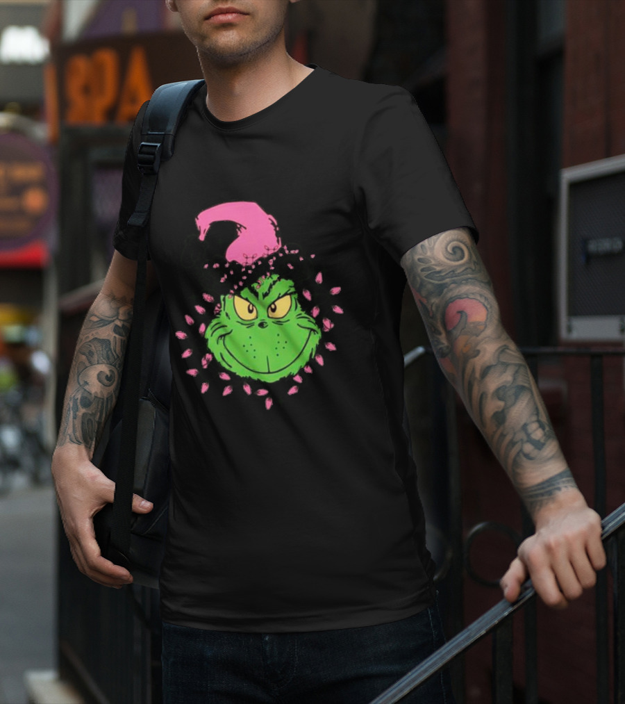 Grinch In Pink Santa Hat With Pink Christmas Lights T-Shirt