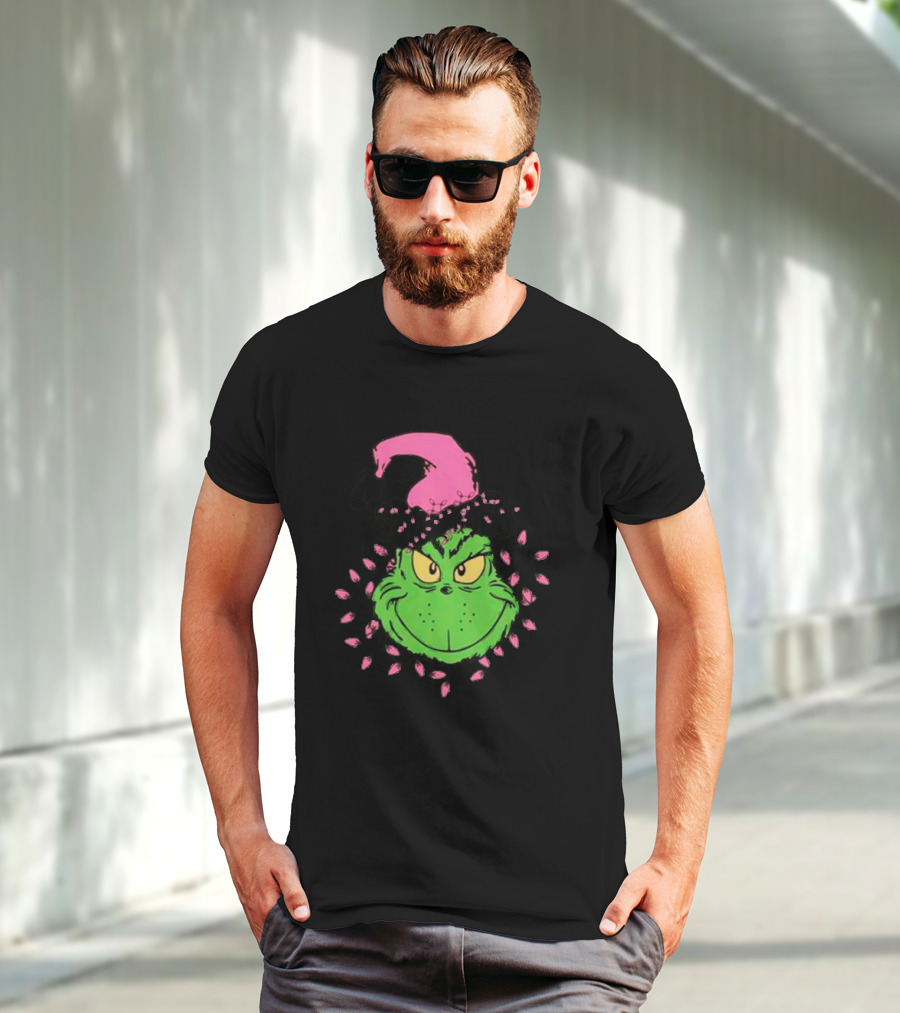 Grinch In Pink Santa Hat With Pink Christmas Lights T-Shirt