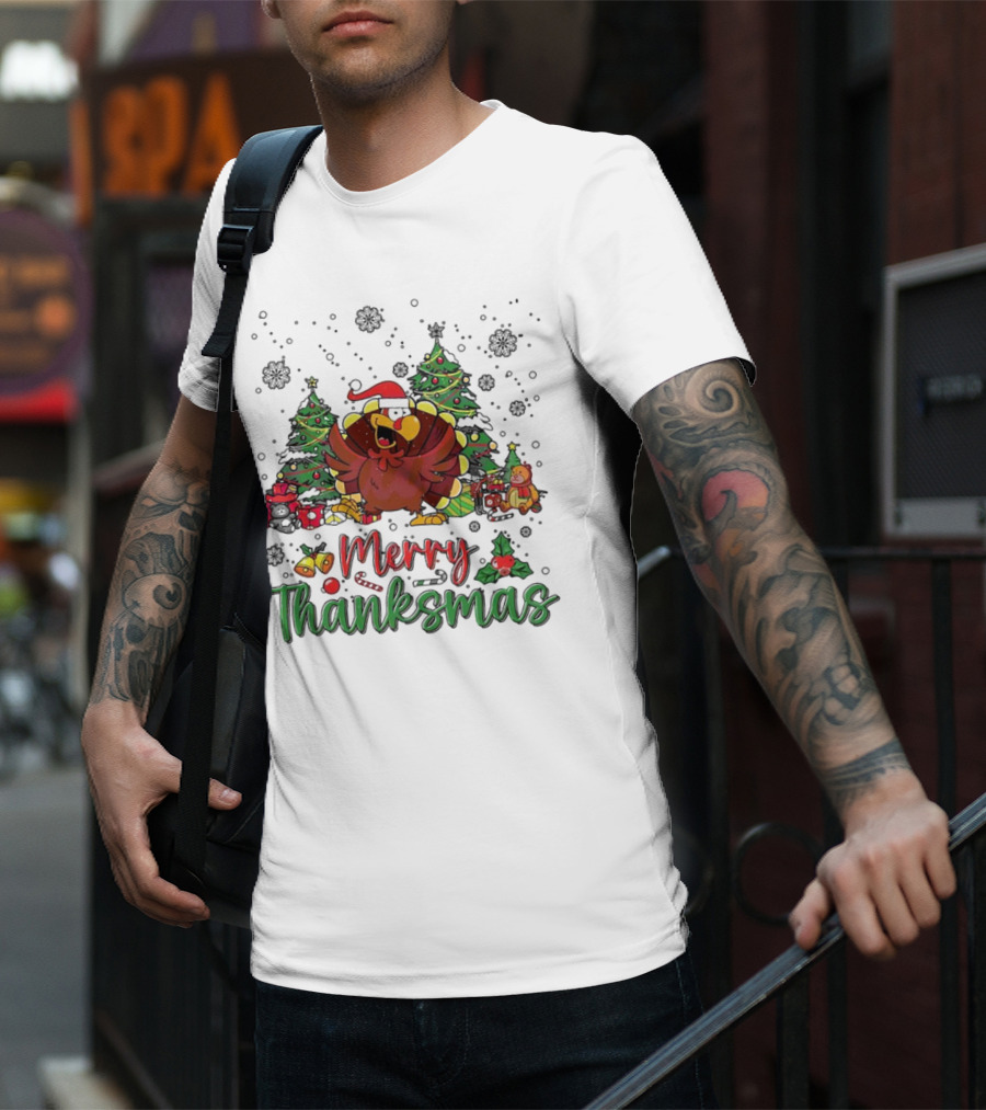 Merry Thanksmas Funny Turkey Santa Hat Christmas Trees T-Shirt