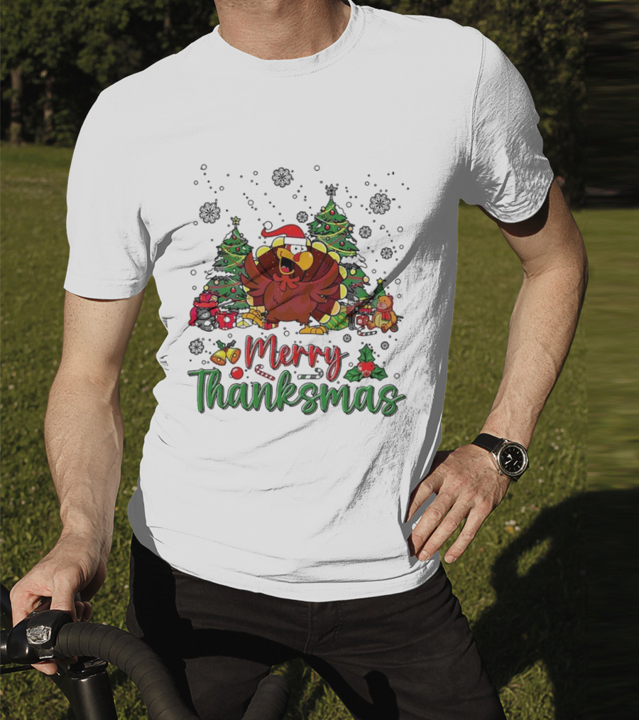 Merry Thanksmas Funny Turkey Santa Hat Christmas Trees T-Shirt