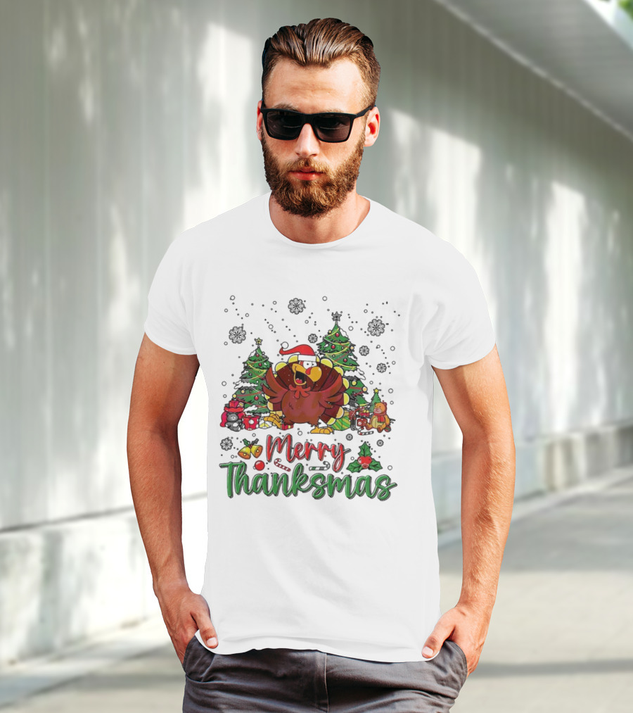 Merry Thanksmas Funny Turkey Santa Hat Christmas Trees T-Shirt