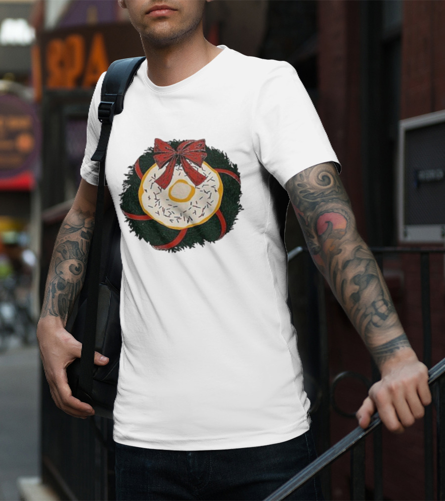Gibson's Donuts Christmas Holiday Wreath With Red Bow And Donut Sprinkles T-Shirt