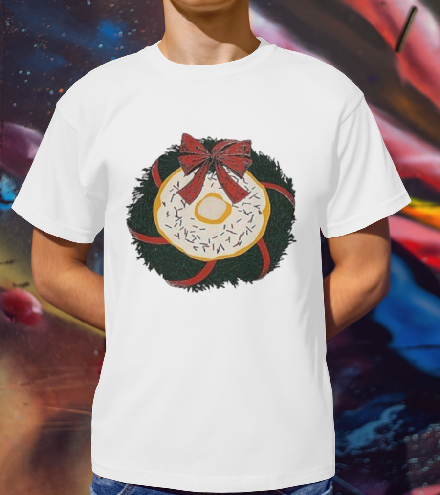 Gibson's Donuts Christmas Holiday Wreath With Red Bow And Donut Sprinkles T-Shirt