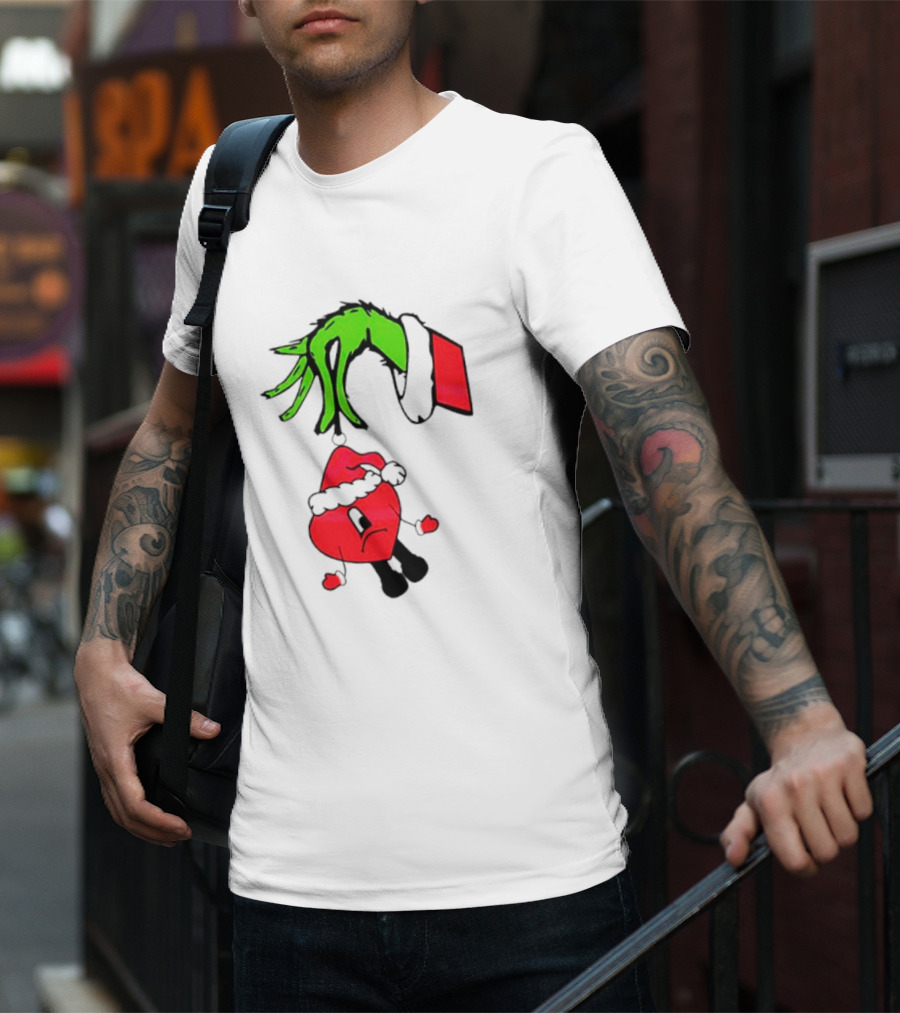 Grinch Hand Bad Bunny Santa Hat Christmas T-Shirt