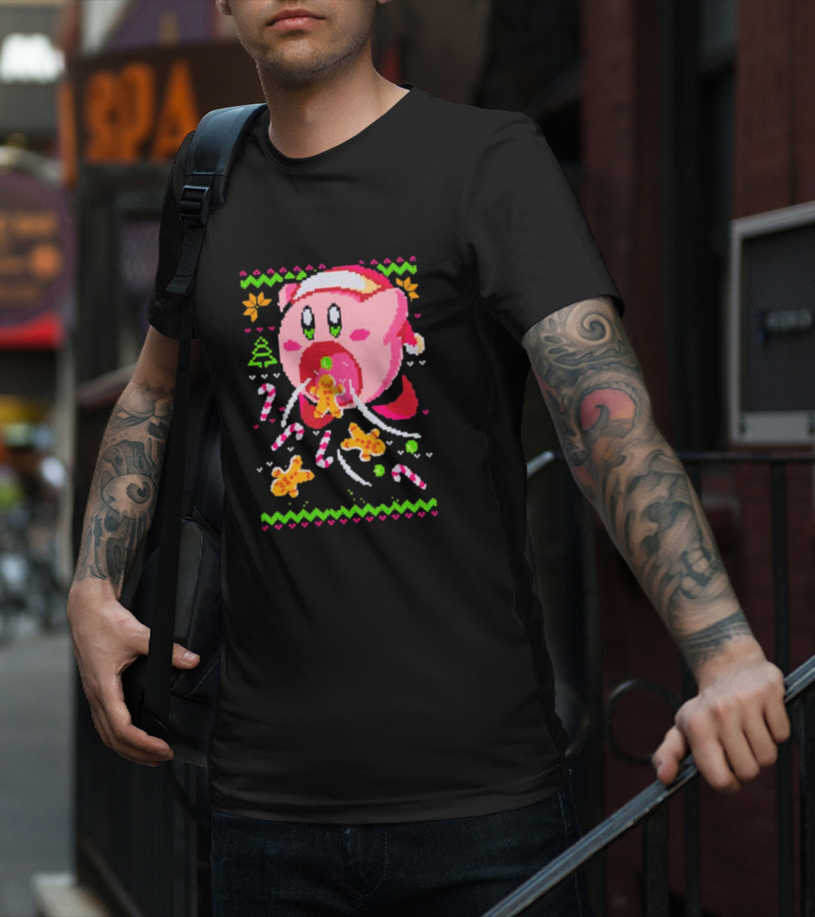 Kirby Santa Hat Eating Gingerbread Candy Canes Holiday T-Shirt